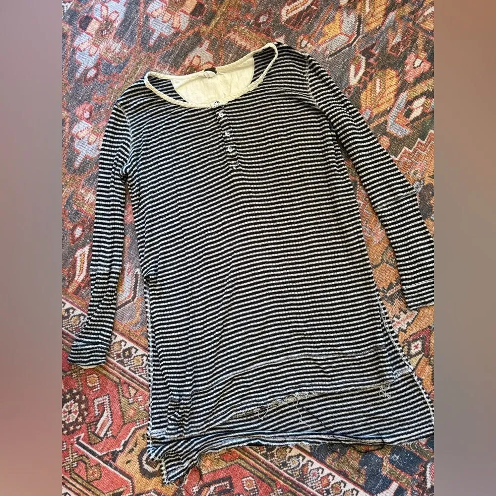 Free people Gwen Drippy Rib Henley tan black stripe long duster Boho Top XS